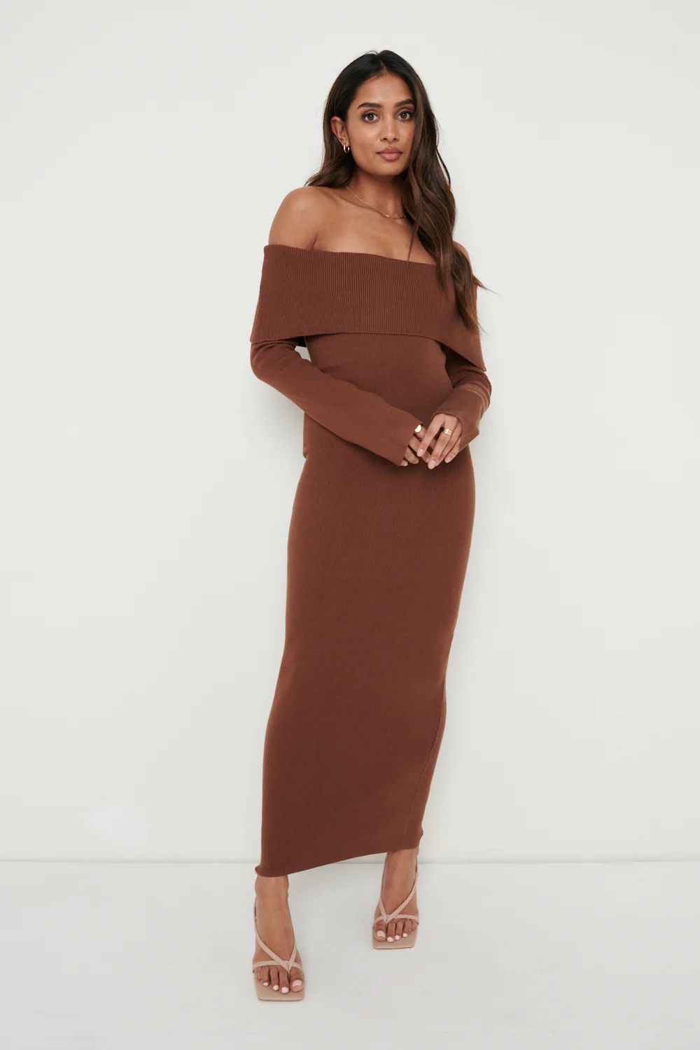 Soreya Bardot Knit Dress- Brown | Pretty Lavish (UK)
