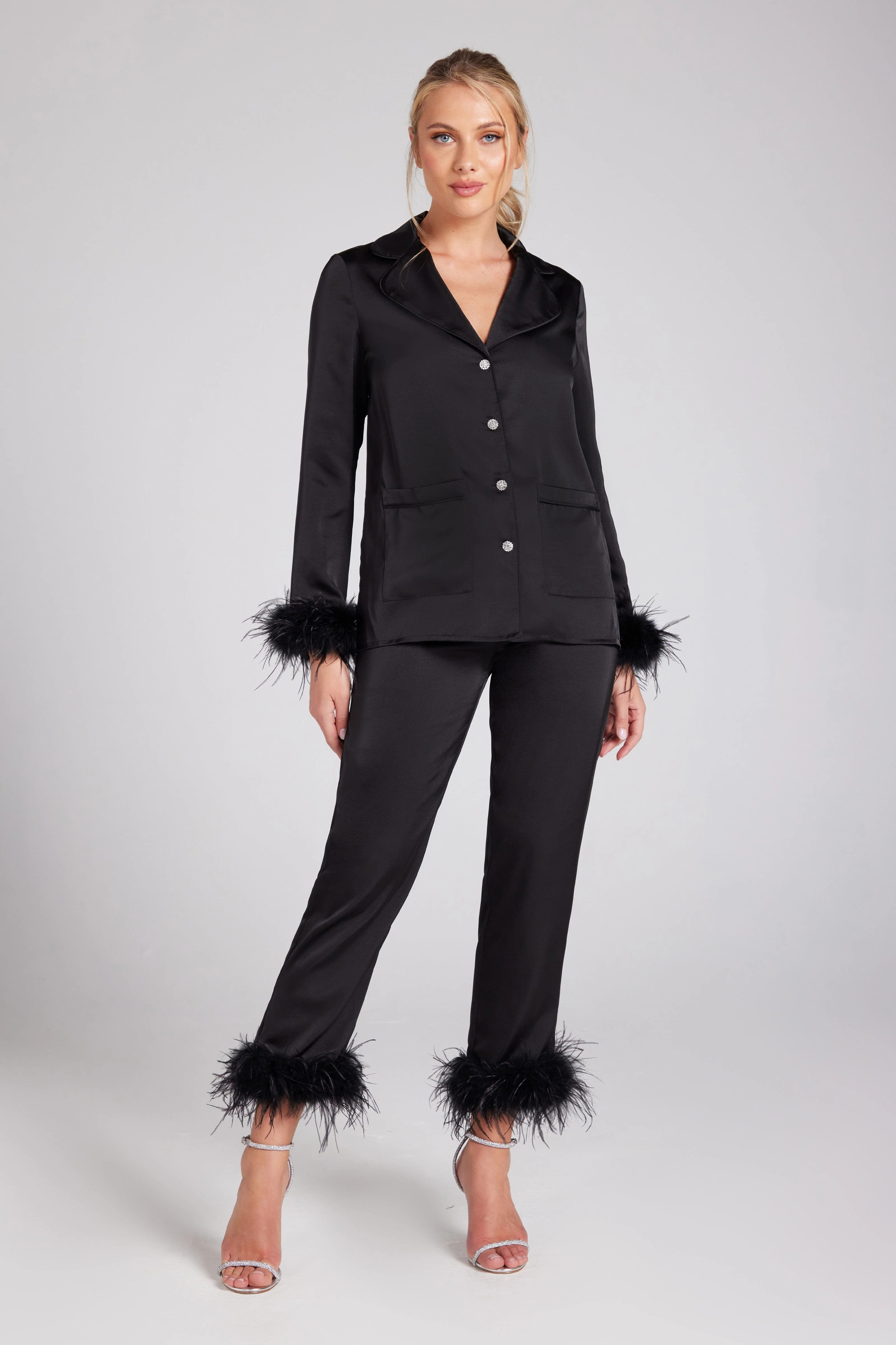 DARCIE Black Satin Pyjamas | NADINE MERABI | Nadine Merabi