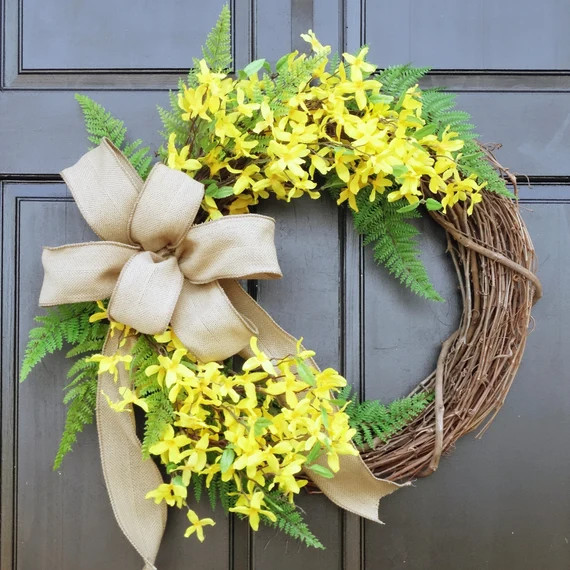 Yellow Forsythia Wreath, Summer Wreath, Front Door Wreath, Spring Wreath, Fern Wreath, Grapevine ... | Etsy (US)