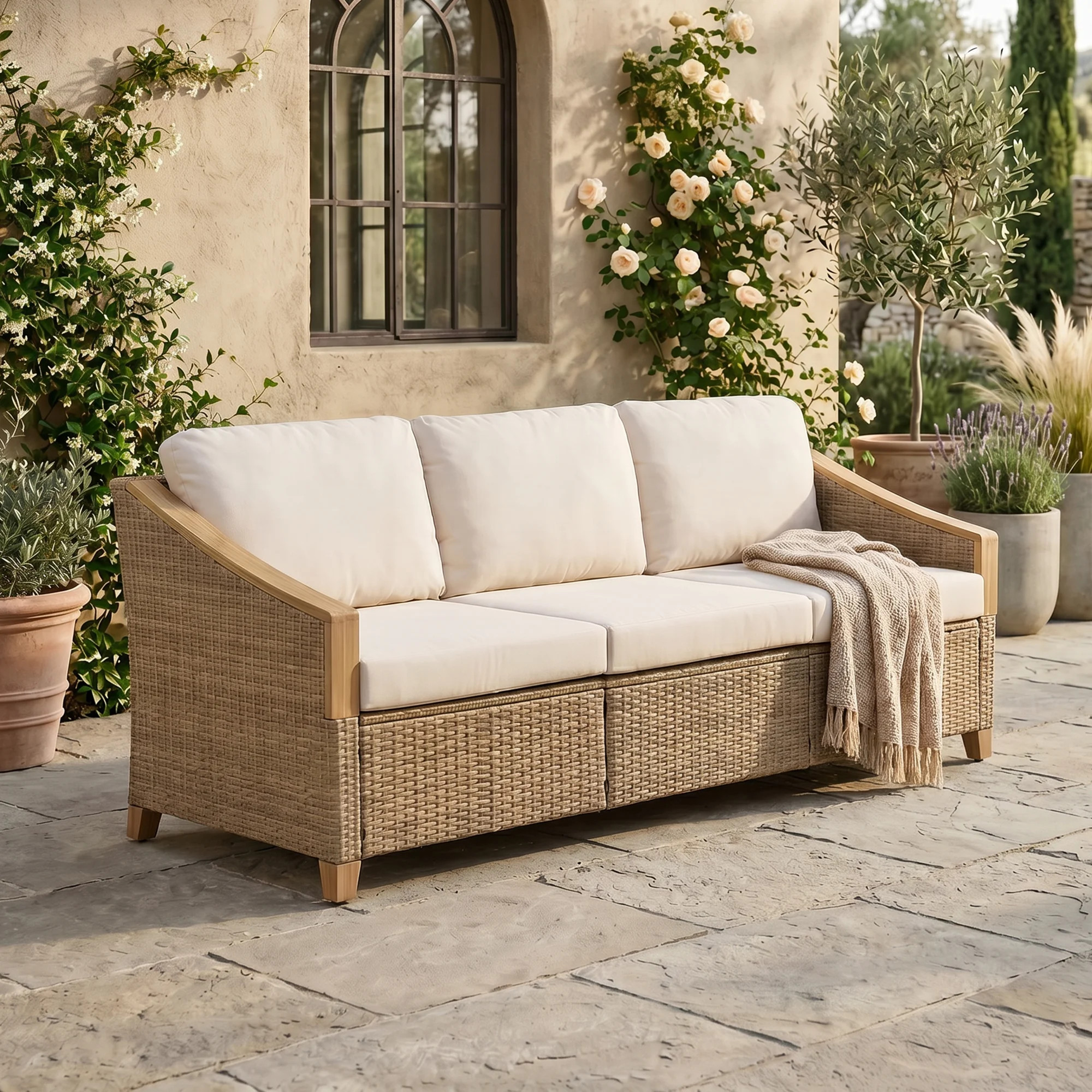 OC Orange-Casual 3-seat Woven Rattan Sofa With Cushions | Wayfair | Wayfair North America