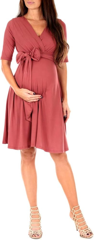 Mother Bee Maternity Women's Knee Length Wrap Dress with Belt for Baby Shower or Casual Wear | Amazon (US)