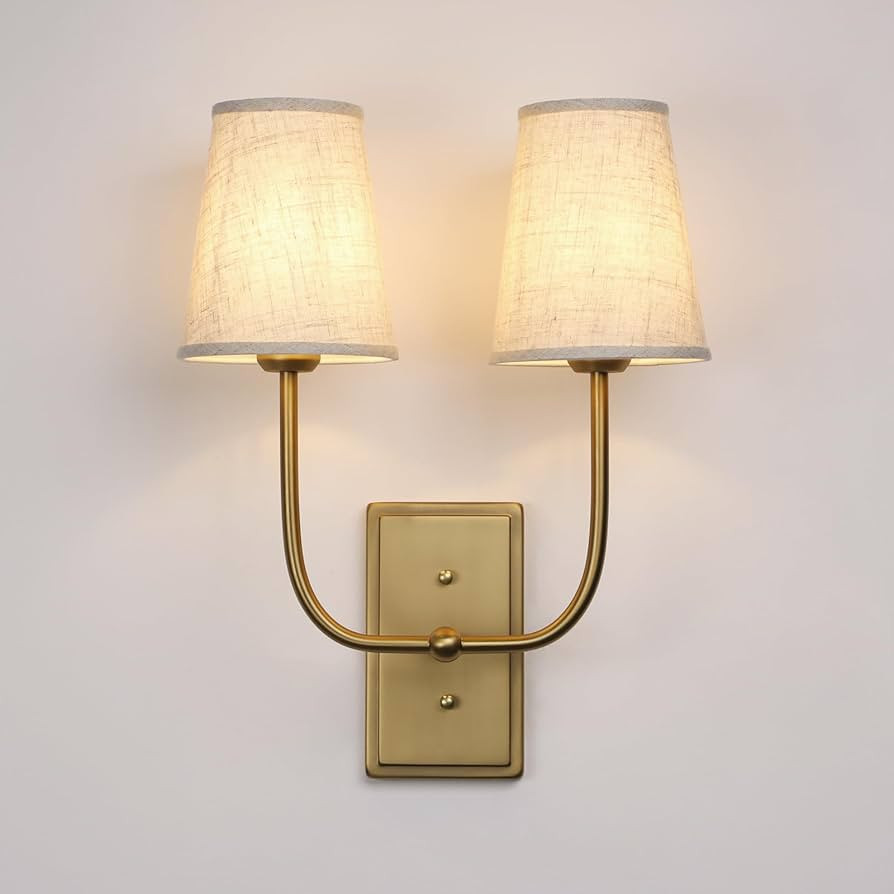 JIMUBEAM Vintage 2-Lights Wall Sconces with Funnel Linen Fabric Shades, Double Head Bathroom Vani... | Amazon (US)