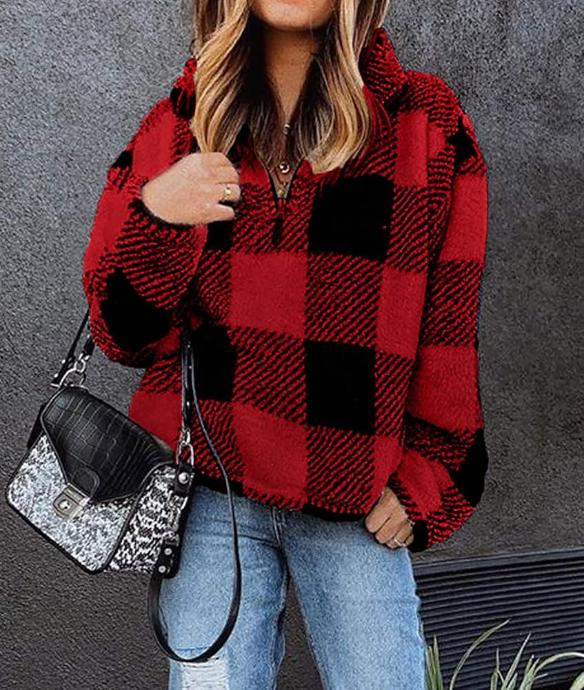 BTFBM Women Sherpa Pullover Quarter Zip Long Sleeve Fluffy Soft Fleece Jackets Sweaters Sweatshirts  | Amazon (US)