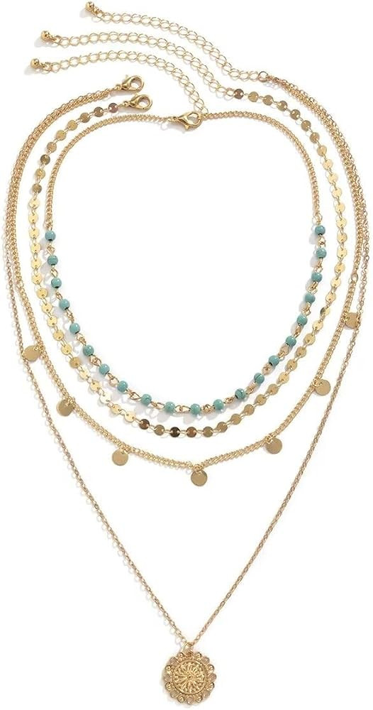 Blue Drop Turquoise Layered Necklace for Women Gold Coin Pendant Choker Chain Glitter boho Sequin... | Amazon (US)