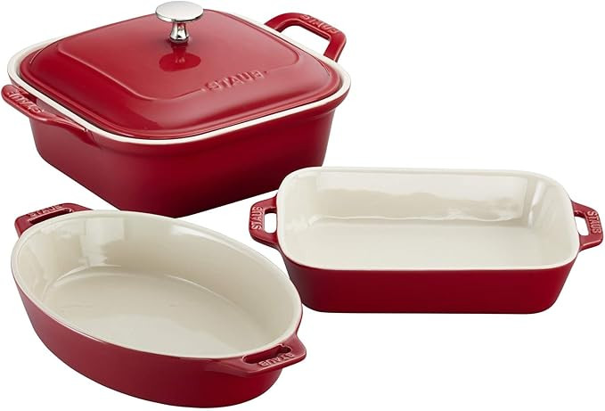 Staub Ceramics 4-pc Baking Pans Set, Casserole Dish with Lid, Brownie Pan, Cherry | Amazon (US)