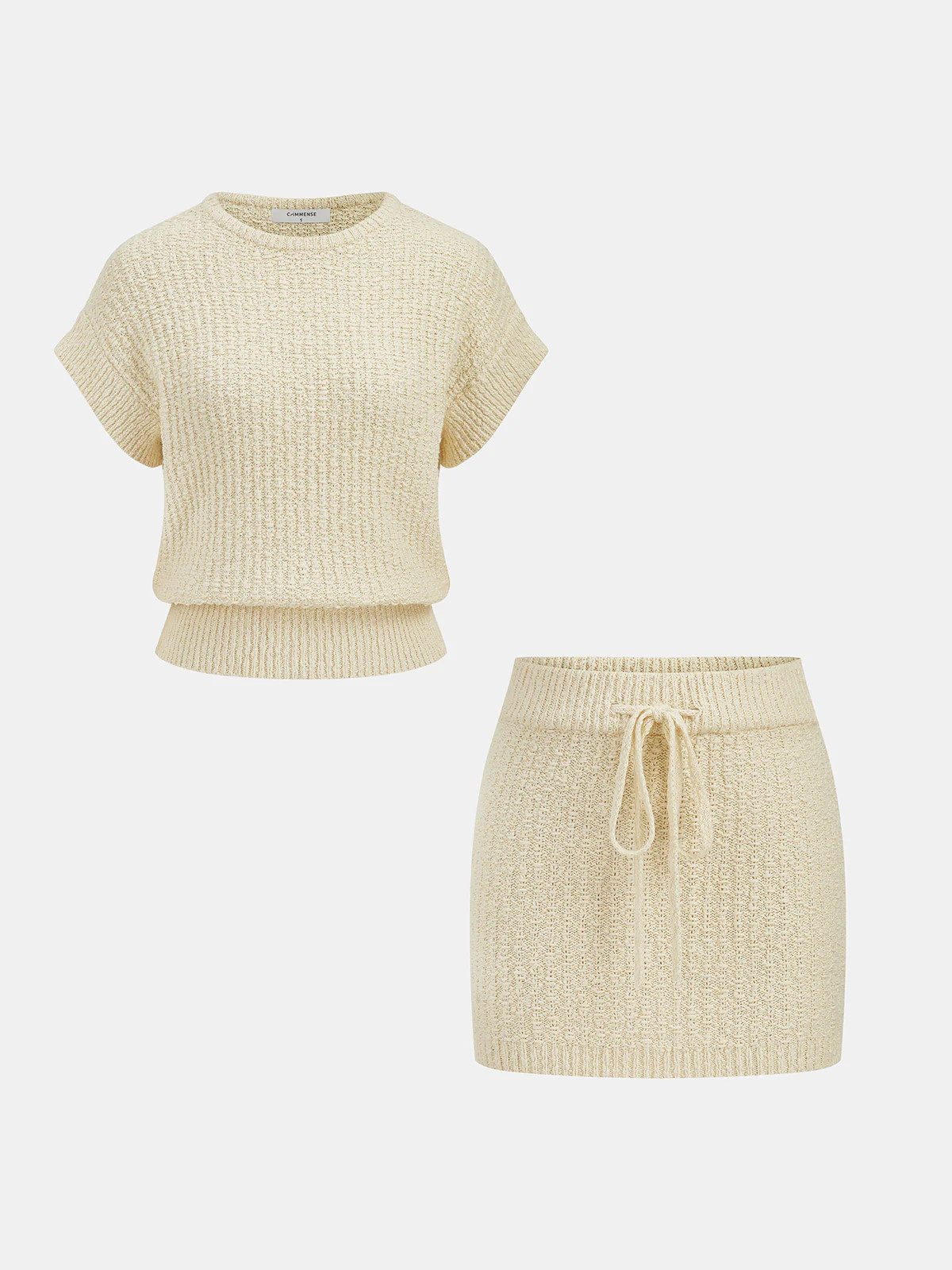 Textured Knit Top & Drawstring Mini Skirt Set | Commense