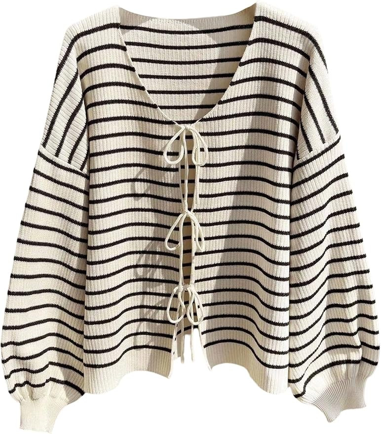 BEAUDRM Women's Plus Size Striped Cardigan Sweater Tie Front Knit Cardigan | Amazon (US)