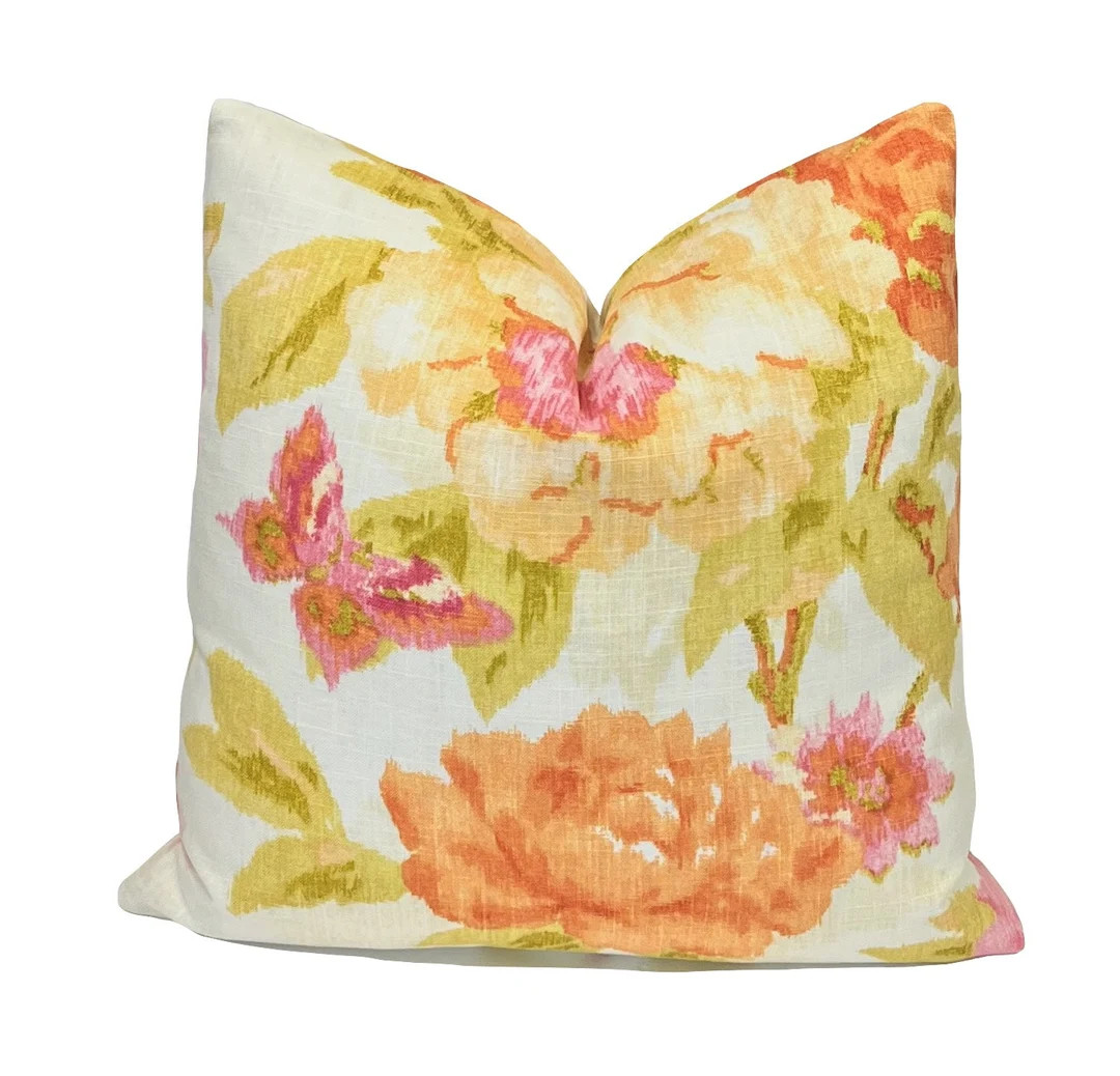 Brookwood Spring Pink Orange Floral Pillow Cover Watercolor Floral Pillow Home Decor Pillow Toss ... | Etsy (US)