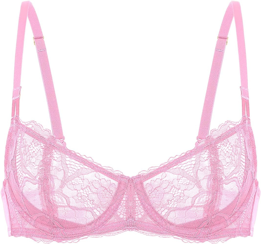 DOBREVA Women's Balconette Push Up Bra Sexy Lace Plus Size Unlined Sheer Underwire | Amazon (US)
