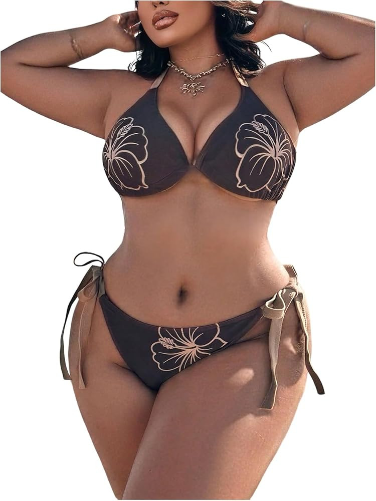 Verdusa Women's Plus Size 2 Piece Halter Bikinis Floral Bikini Sets Tie Side Bathing Suits Vacati... | Amazon (US)