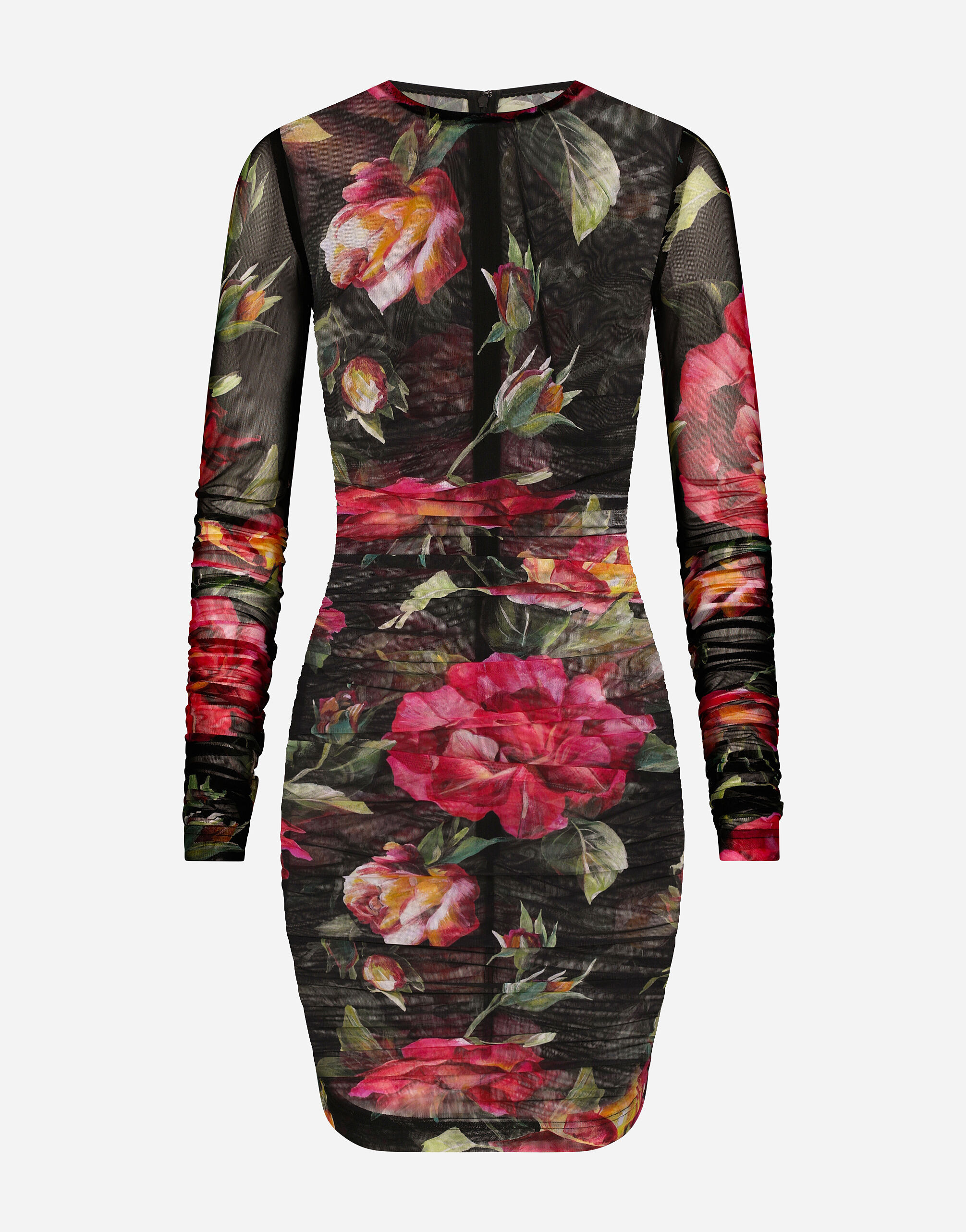 Jersey calf-length dress with red rose print | Dolce & Gabbana