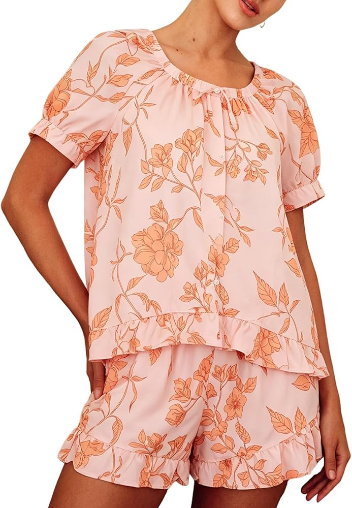 Yimoon Womens 2 Piece Outfits Summer Shorts Set Floral Puff Sleeve Babydoll Shirt Shorts Cute Lou... | Amazon (US)