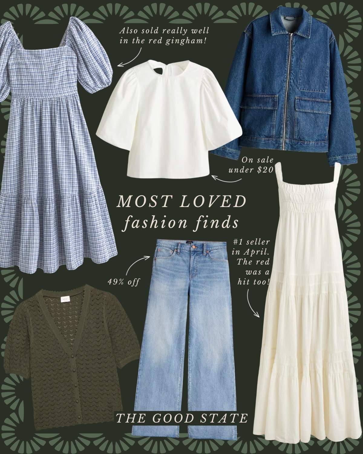 The Farmers Market girlies had their moment in April—from gingham dresses, sandals and ball caps to market totes and flower jewelry—everything pointed back to the perfect early morning at the farmers market. Now all you need is a fresh bouquet of flowers in one hand and cup of coffee in the other to complete the look🍓
The most-loved colors were neutrals—and yes—green is a neutral in this little corner of the world! Favorite Spring styles included (of course) breezy dresses, all the puff sleeves, light layers and anything & everything crocheted. It was a beautiful month of slow mornings at home, farmers markets, self-care routines and all things beautiful🌼🤍☀️ Happy May!!


Aritzia, the good state, Lauren England, Abercrombie, and Fitch, gingham dress, garden party, farmers market, J.Crew, J.Crew factory, target, sale, spring fashion, summer fashion, wedding guest dress, Anthropologie, nursery, bedroom, home decor, ottoman, Wayfair, quince , H&M, birth, flower, necklace, slow mornings club, ball, cap, spring bedroom, Mother’s Day, gift, Mother’s Day, gift, guide, dental jacket, jeans, earrings, summer fashion, ootd, Target style 

#LTKStyleTip #LTKSaleAlert #LTKFindsUnder50