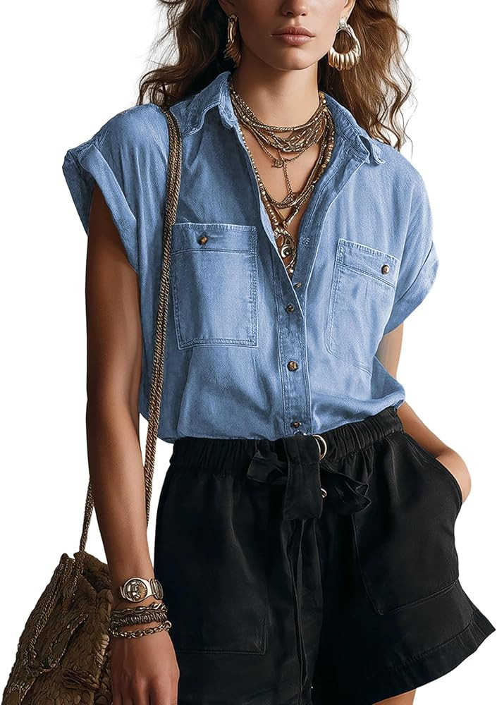 Omoone Womens Denim Shirt Casual Summer Button Up Short Sleeve Western Chambray Shirts Jean Blous... | Amazon (US)