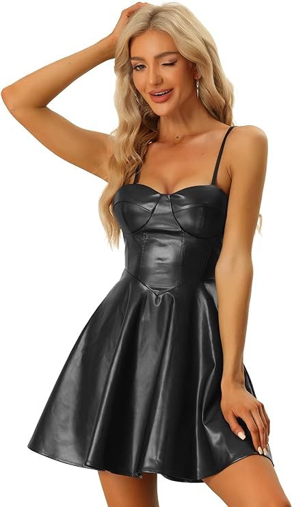 Allegra K Sexy Spaghetti Strap Dress for Women's Sweetheart Neckline A-line Faux Leather Mini Dre... | Amazon (US)