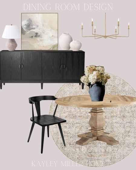 Affordable dining room design 








Round rug, round dining table, black dining chairs, large black vase, faux flowers, large art, wall art, large lamp, pottery, vase, chandelier, dining light, black sideboard  