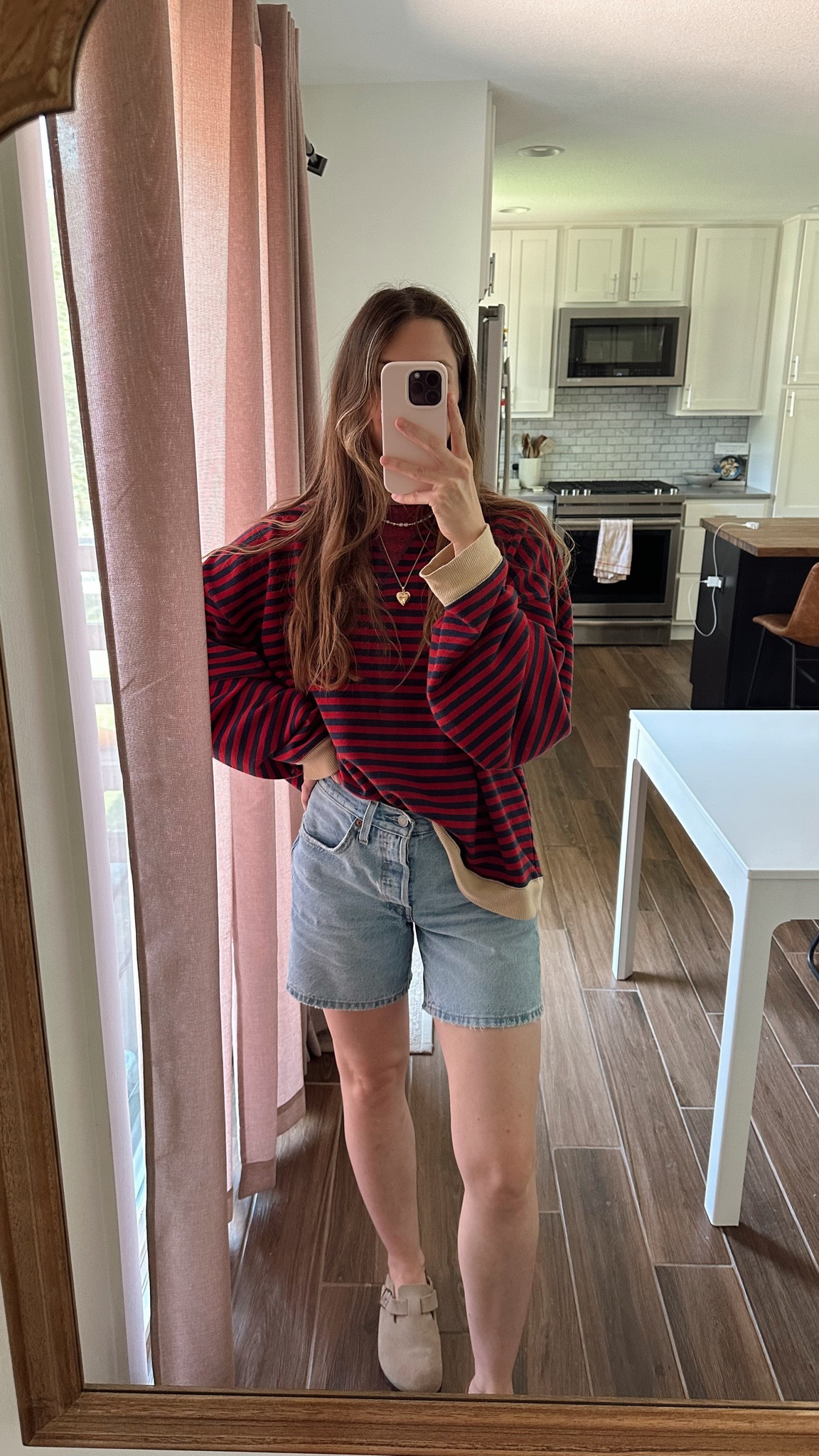 one of my favorite combos! wearing a small in crewneck, fits oversized 
denim shorts tts, love the length 

Summer to fall outfit, transitional outfit, fall outfit, mom outfit, Birkenstock Boston outfit 

#LTKSeasonal