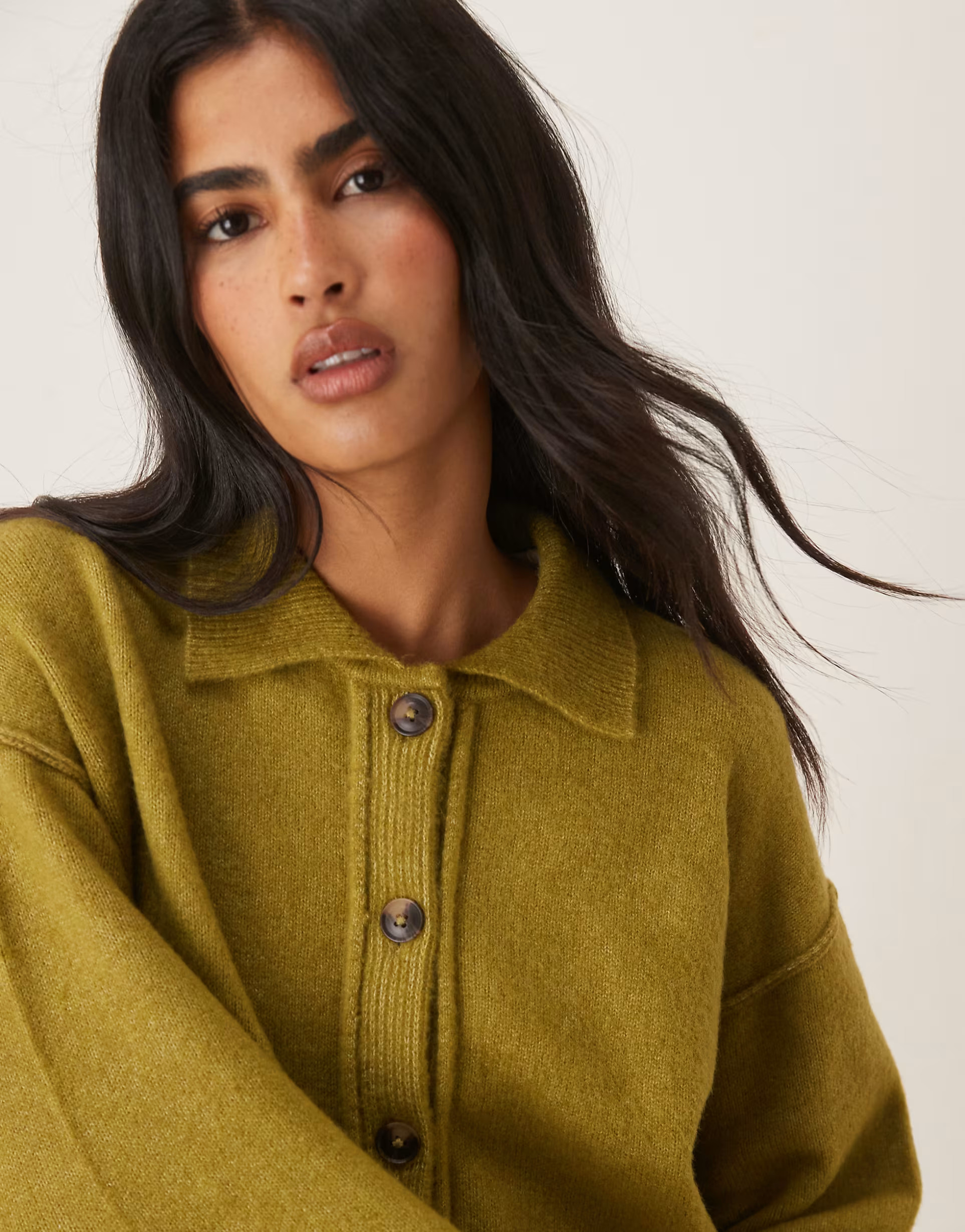 ASOS DESIGN knit collar shirt cardigan with seam detailing in olive | ASOS | ASOS (Global)