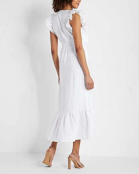 Flutter Sleeve Tie Front Midi Poplin Dress | Express