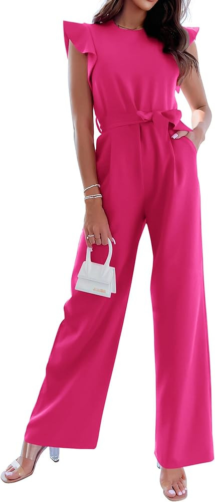 BTFBM Women Jumpsuits Crew Neck Ruffle Cap Sleeve Belted High Waist Wide Leg Romper with Pockets ... | Amazon (US)