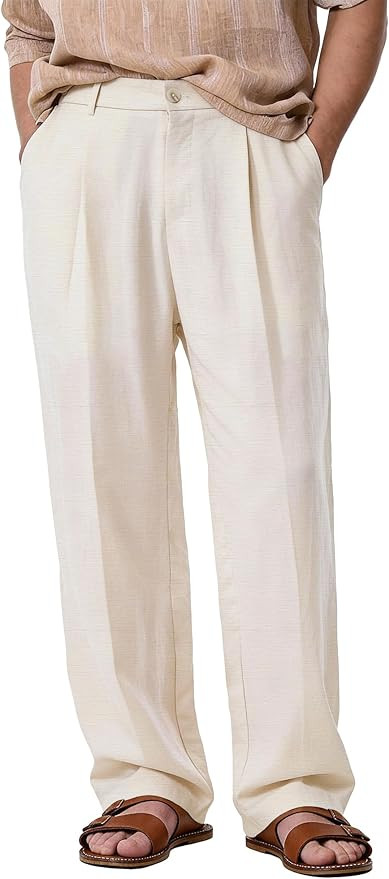 Comdecevis Men's Casual Linen Pleated Pants Lightweight Loose Fit Summer Beach Linen Dress Trouse... | Amazon (US)