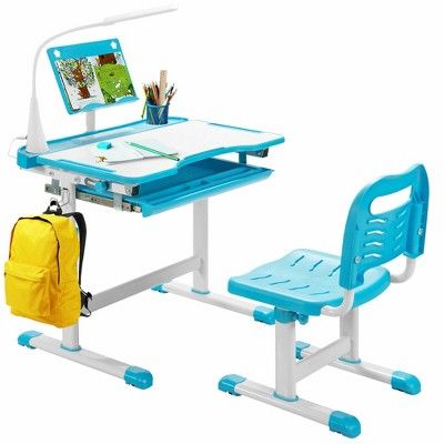 Costway Height Adjustable Kids Study Table and Chair Set w/Bookstand & Light Pink/Light Blue | Target