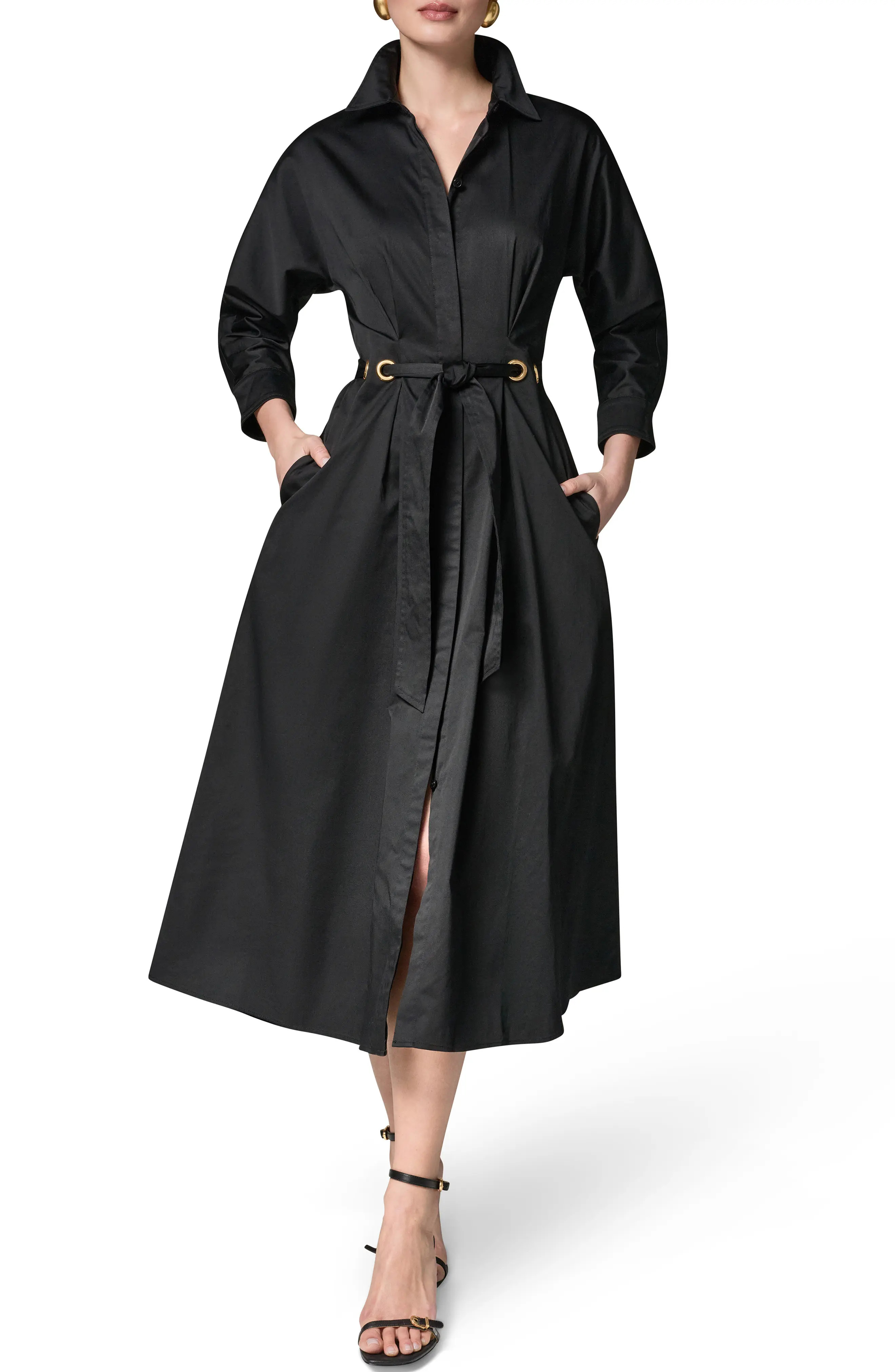 Drawstring Waist Stretch Cotton Midi Shirtdress (Women) | Nordstrom | Nordstrom