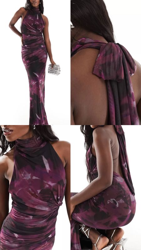 Purple floral cocktail dress. Twist bust detail halter maxi dress with tie back neck in large purple floral print. On sale under £50! Asos outfit idea. Summer, spring, date night out, brunch outfit . 
Affordable fashion.  Wardrobe staple. Timeless. Gift guide idea for her. Luxury, elegant, clean aesthetic, chic look, feminine fashion, trendy look, special event, baby shower, wedding. 

#LTKfindsunder100 #LTKparties #LTKfindsunder50