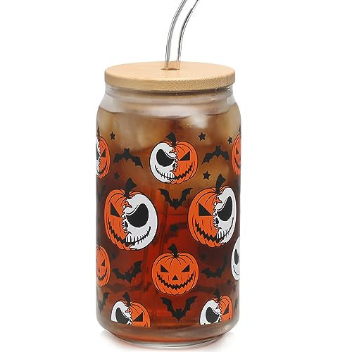 WODOHOLO Halloween Pumpkin Iced Coffee Can Glass Gifts Nightmare Halloween Glass Cup with Lid and Straw, 16oz Halloween Tumbler Beer Can Glass, Halloween Gifts, Halloween Decorations | Amazon (US)