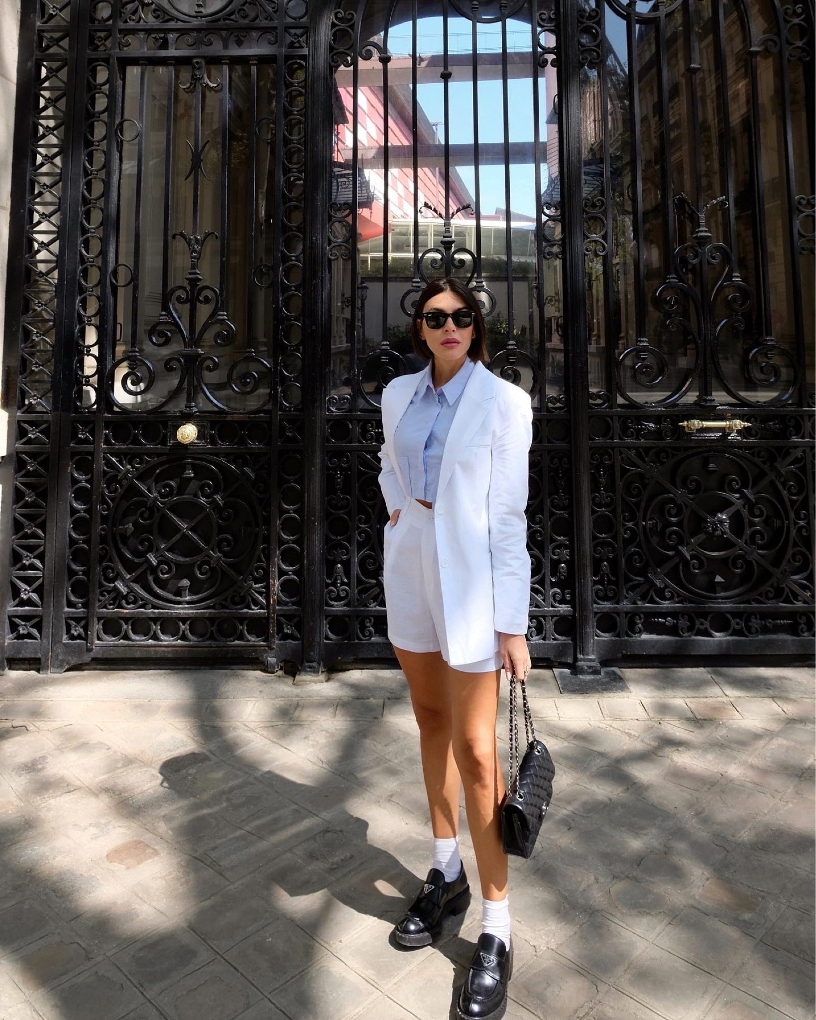 Linen Suit Set. Spring outfit inspiration, minimal outfit, city break, effortlessly chic, white linen blazer, H&M, Mango, Prada loafers, white linen shorts, cropped shirt, ASOS. 

#LTKeurope #LTKSeasonal #LTKfit