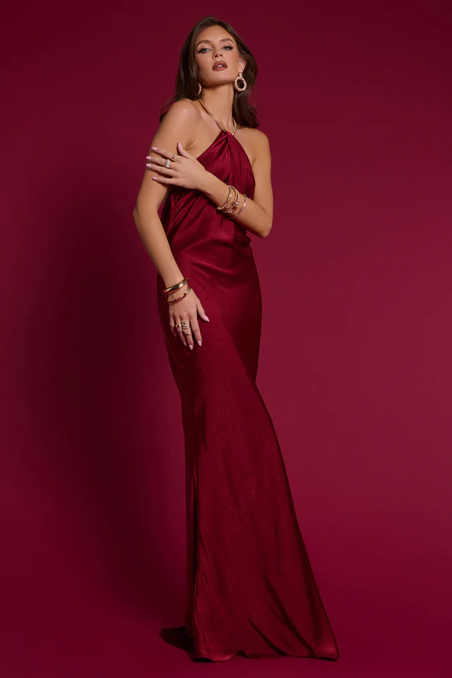 Meredith Satin Halter Open Back Formal Dress | Windsor Stores