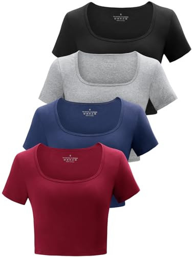Kole Meego Square Neck Crop Tops for Women Workout Tops Trendy Going Out Tops Gym Summer Shirts 4 Pack Black Grey Navy Bungendy S | Amazon (US)