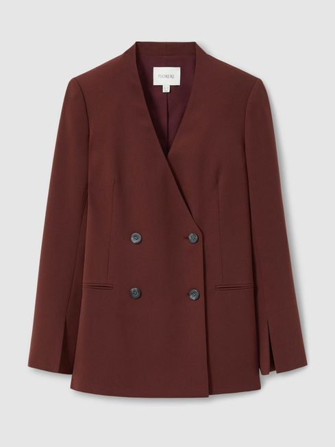 Florere Collarless Double Breasted Blazer in Burgundy | Reiss UK