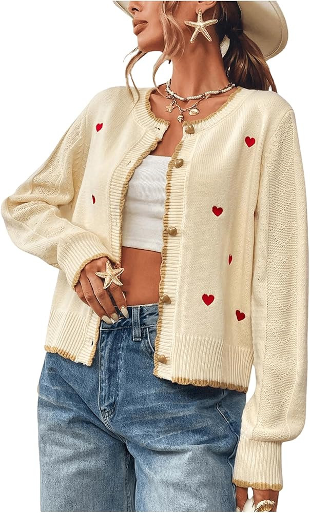Verdusa Women's Heart Button Up Cardigan Sweaters Casual Fall Knit Outerwear | Amazon (US)