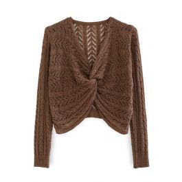 Hollow Out Knot Front Crop Knit Top in Brown | Chicwish