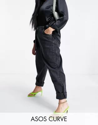 ASOS DESIGN Curve High rise 'slouchy' mom jeans in washed black | ASOS (Global)