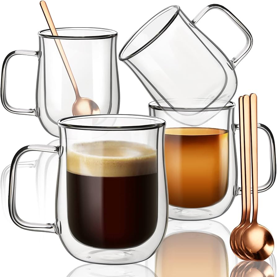 Double Wall Glass Coffee Mugs 12 oz, Set of 4, Double Insulated Clear Glass Coffee Mug for Hot Be... | Amazon (US)