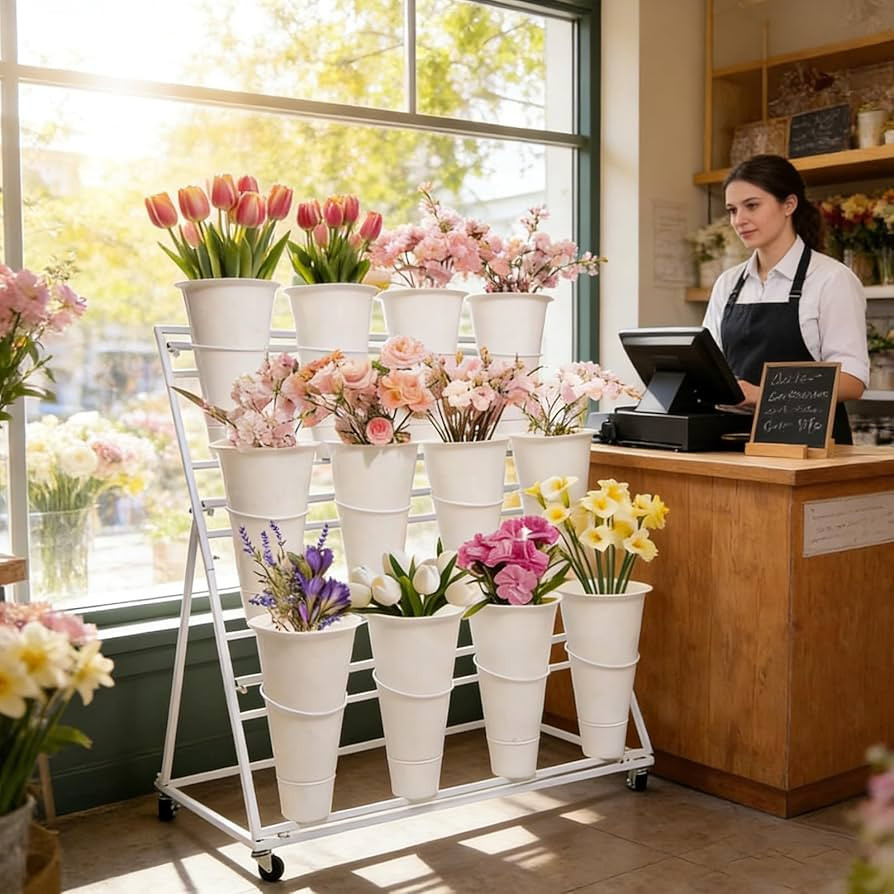Flower Display Stands With Buckets, With 12pcs Buckets, 3-Tier Rolling Flower Bar,Heavy Duty Meta... | Amazon (US)