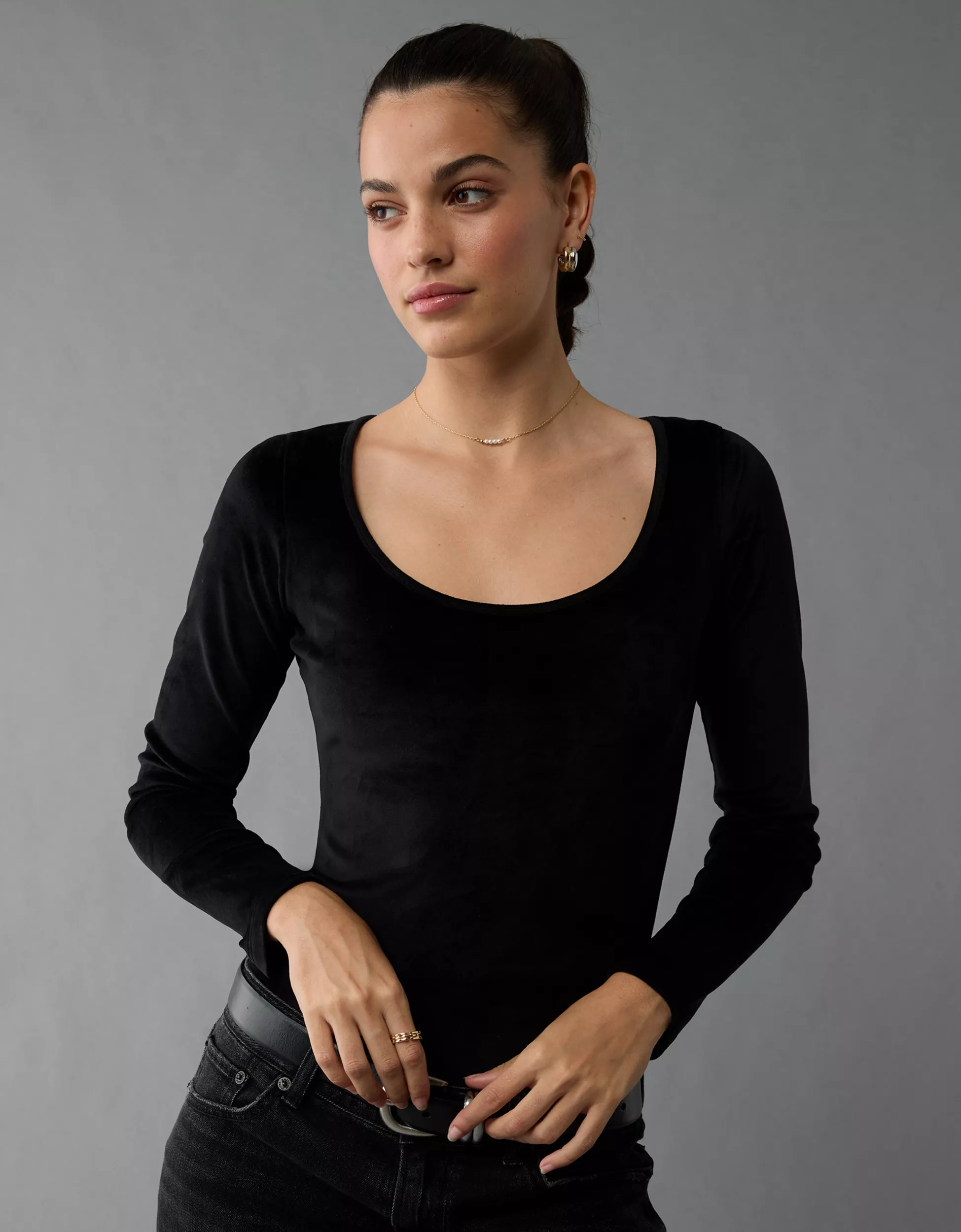 AE Long-Sleeve Scoop Neck Velvet Bodysuit | American Eagle Outfitters (US & CA)