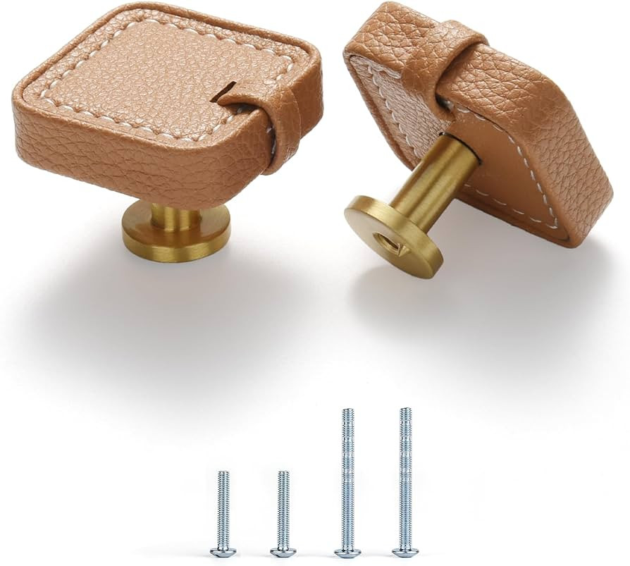 Satanga Kitchen Leather Cabinet Drawer Dresser Knobs Pack of 4 Khaki Brass Square Cupboard Door B... | Amazon (US)