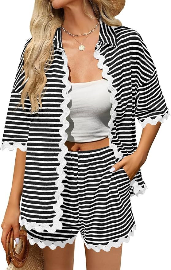 Tankaneo Womens 2 Piece Lounge Set Striped Outfits Short Sleeve Button Down Shirts and Shorts Sum... | Amazon (US)