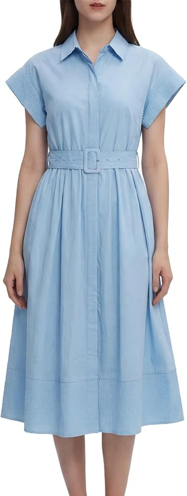 EZAPINE Womens Summer Shirt Dress Casual Button Down Long Dress with Belt | Amazon (US)