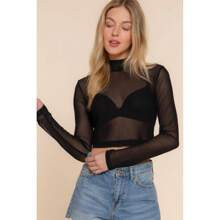 Long Sleeve Mock Neck Mesh Top | SHEIN