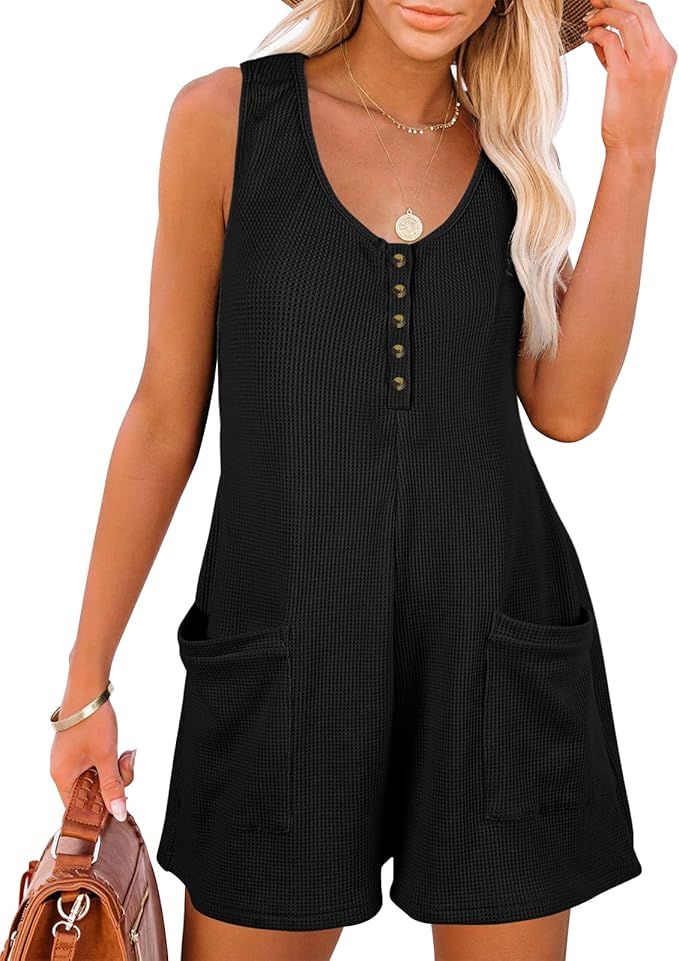 Caramitty Rompers for Women Button Down Summer Waffle Knit Sleeveless Loose Jumpsuits Spaghetti S... | Amazon (US)