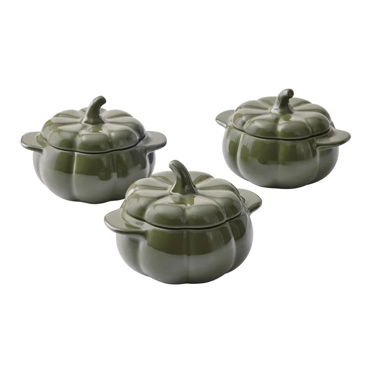 Better Homes & Gardens Green Figural Pumpkin Stoneware Cocotte with Lid, 3-Pack | Walmart (US)