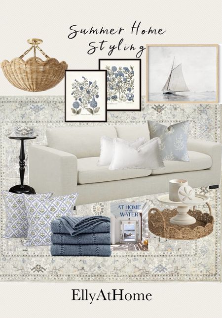Summer home living room  styling. Shop coastal, classic sofa, area rug, artwork, throw pillows, side table, home decor accessories. Some selections on sale. Soft blues, neutral, white. Amazon home, Serena & Lilly, Pottery Barn. Free shipping. 

#LTKHome #LTKFindsUnder50 #LTKSaleAlert