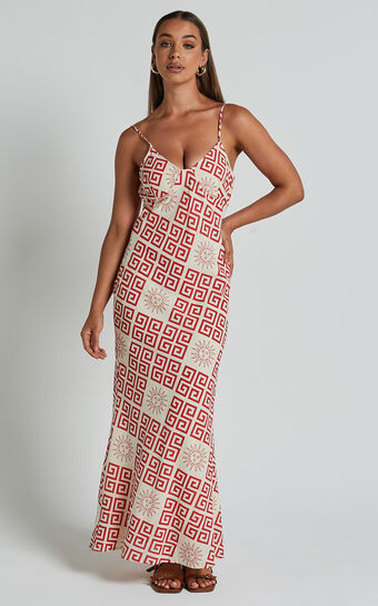 Zinnia Midi Dress - Strappy Linen Slip Dress in Beige/Red Greek Sun Print | Showpo (US, UK & Europe)