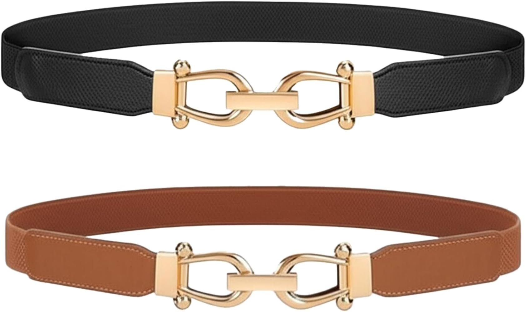 2 Pcs Elastic Belts for Women, Black and Brown Belt with Gold Buckles, Dress Skinny Belts | Amazon (US)