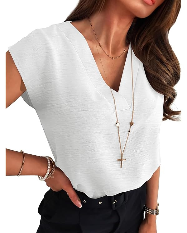 ANRABESS Women Tops Cap Sleeve Textured Dressy Casual V Neck Shirts 2025 Summer Business Work Blo... | Amazon (US)