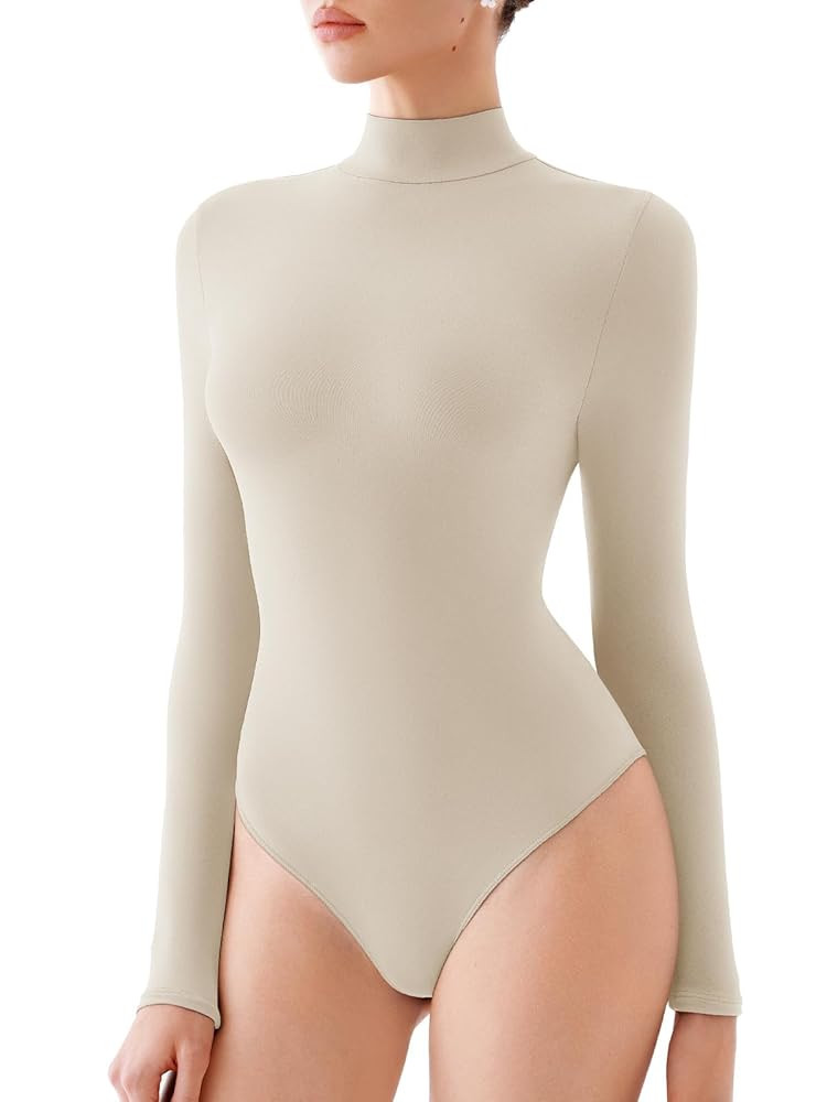 REORIA Women's Turtle Neck Long Sleeve Bodysuit Basic Slim Fit Double Lined Lightweight Layering ... | Amazon (US)